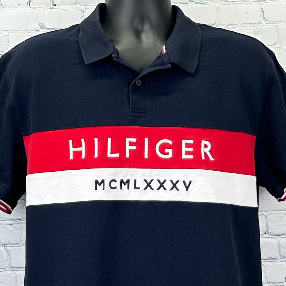 Tommy Hilfiger Polo Shirt Blue Colorblock Embroidered Short Sleeve XL X-Large